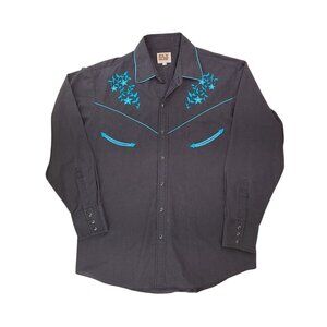 Vintage Ely Cattleman Western Shirt Pearl Snap Men Large Black Blue Embroidered